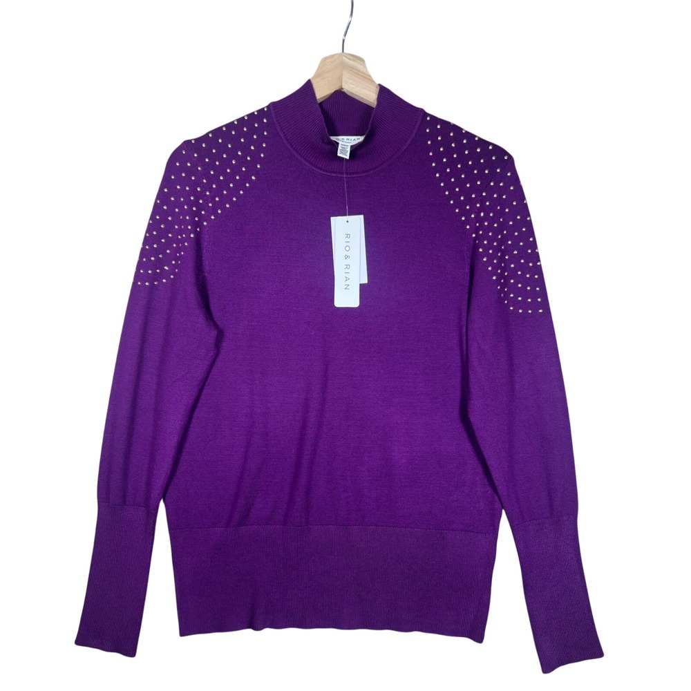 Rio & Rian Womens Dark Purple Mockโ Neck Studded Shoulder Sweater Size M NEW